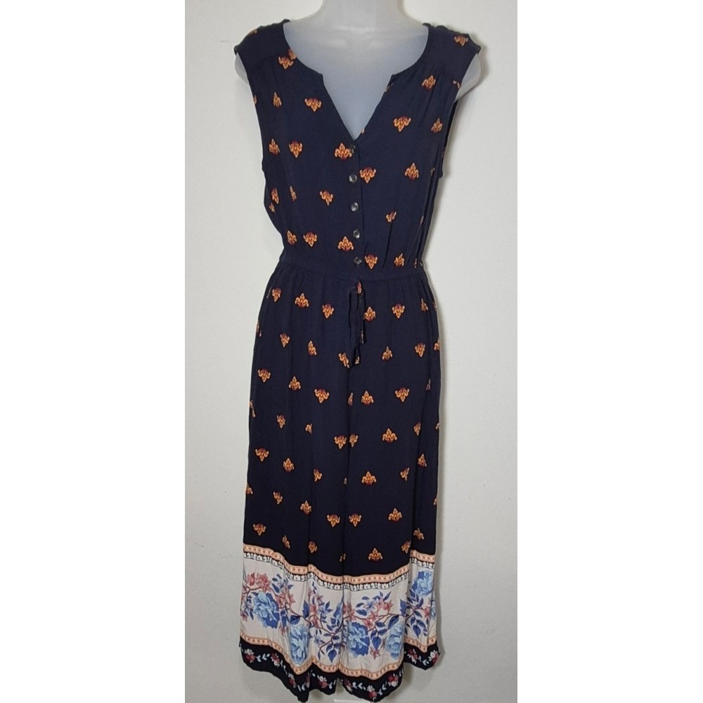 California Bay Co. blue floral wide leg jumpsuit drawstring waist boho buttons M